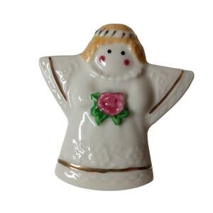 Christmas Angel Brooch Large Lapel Coat Pin White Ceramic Pink Details Vintage